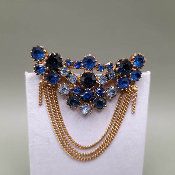 Vintage Karu Arke Austria Blue Rhinestone Chain Dangle Brooch main image 7